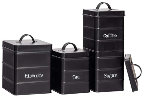 Harbour Housewares Metal Kitchen Canisters Set - Black - 4pc Set - Vintage Loose Tea Coffee Beans Granulated Sugar Storage Container Biscuit Tin Caddy Kitchen Storage with Airtight Lid