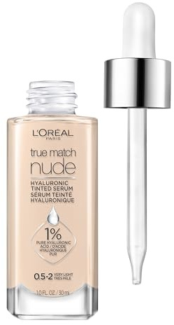 L'Oreal Paris True Match Nude Hyaluronic Tinted Serum Foundation with 1% Hyaluronic Acid, Very Light 0.5-2, 1 fl oz