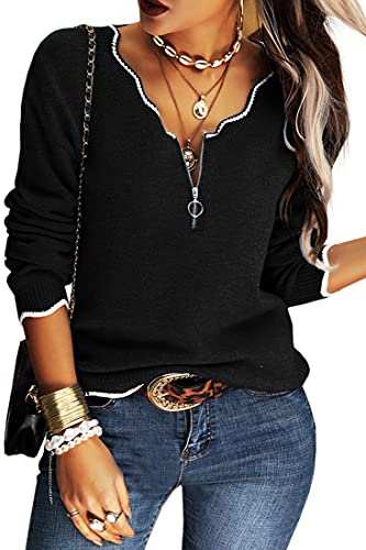 Hongqizo Women Autumn Winter Knit Sweaters V Neck Half Sleeve Striped Slim Fitting Knitwear Jumper Pullover Black