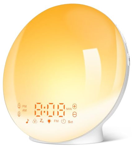 Tageslichtwecker Lichtwecker Wake up Light Sonnenaufgang Sonnenuntergang Simulation Wecker Radio 7 Naturgeräusche 2 Alarmen Snooze 11 Farblicht 20 Helligkeit Nachttischlampe Erwachsene (gelb)