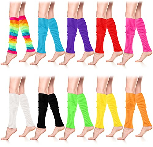 SATINIOR 80er Jahre Damen Neon Beinstulpen 80er Jahre Rippstrick Hohe Beinstulpen Kostüm für Halloween Party Sport Zubehör, Klassische Farbe, Medium