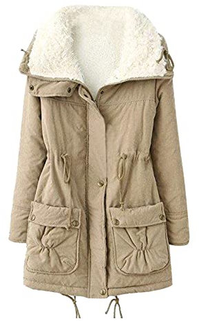 HHMY Vinterjacka dam – lång vinterparkas teddypäls varm fodrad ståkrage utan huva quiltad jacka kavajkappa med ficka, linning med dragsko, S – 3XL, kaki, M