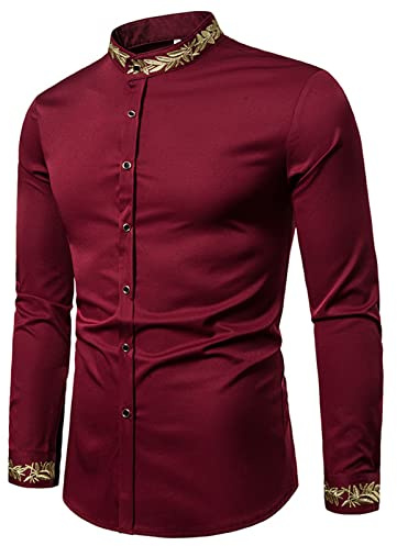 SSBZYES Chemises Hommes Chemises à Col Montant Couleur Unie à Manches Longues Chemises Brodées à La Mode Hommes Motif Broderie Col Henley Chemises à Manches Longues Tops Décontractés XXL Vin Rouge