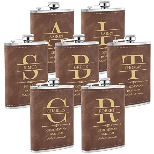 7 Pièces Flasques a Alcool Personnalisés, Flasques Whisky en Inox 304 8oz/227ml Personnalisables pour EVG, Flasque de Mariage Personnalisés pour les Garçons D'Honneur et les Témoins (Marron)