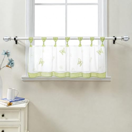Delien Scheibengardinen Küche »Schmetterling« B120 x H30 cm, Grün | 1 Stück,Voile,Bistrogardine mit Schlaufen,Schmetterling Stickerei,Transparente Küchengardine,Landhausstil Kurzstores