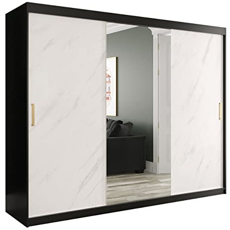 Kleiderschrank Kamoga T1, Schwebetürenschrank mit Spiegel, 2 Kleiderstangen, Marmor Optik Muster, Schiebetürenschrank für Schlafzimmer (Modell 250, mit Schubladen, Schwarz/Marmor Weiß + Gold)