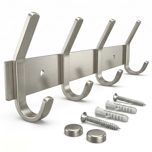 SAYONEYES Garderobenleiste zur Wandmontage, gebürstetes Nickel, 30,5-cm-Edelstahl-Hakenleiste, 4 strapazierfähige Doppelhaken, für Eingangsbereich, Badezimmer, Schlafzimmer, Handtuch-, Hut-Organizer