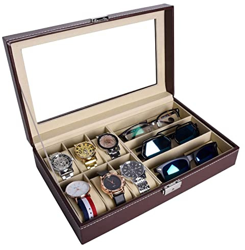 AUTOARK Caja de cuero para 6 relojes y 3 gafas y gafas de sol con organizador de joyas,Cajas de almacenamiento para hombres y mujeres,Parte superior de cristal,Marrón,AWU-020