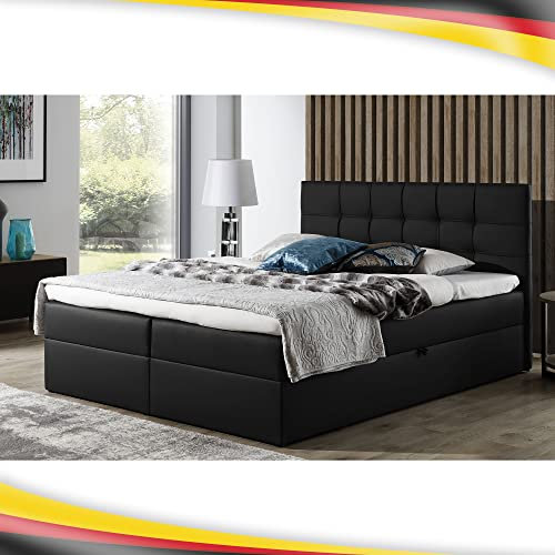 FURNISTAR Boxspringbett Doppelbett Leo - Bett mit Bonellmatratze, mit Bettkasten für Bettwäsche und Topper. Widerstandsfähiger und angenehm zu berührender Kunstleder mit Bettkasten (Shwarz, 120x200)