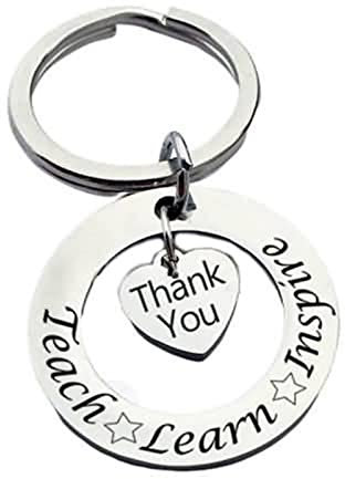 Stfery Personalisierte Schlüsselanhänger, Anhänger mit Gravur Edelstahl Kreisgravur Teach Learm Inspire mit Herz Danke Silber Geschenk