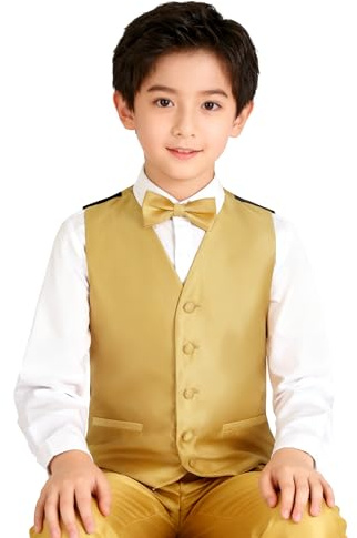 Alizeal Juego de 3 piezas de corbatín, corbata y chaleco de traje para niños, color liso, corbata y chaleco clásico, 078-dorado, 8