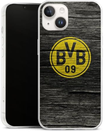 Slim Case kompatibel mit Apple iPhone 14 Silikon Handyhülle transparent Hülle extra dünn Borussia Dortmund BVB Holzoptik