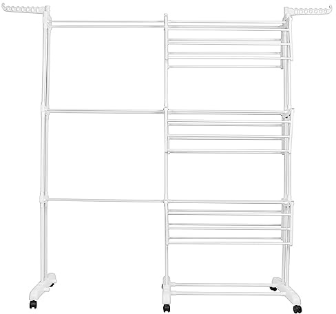 THINFAR Tendedero Secador de Ropa Tendedero Plegable Alas Laterales de 3 Niveles para Uso Interior y Exterior (75-142,5 x 64 x 170 cm), Blanco)