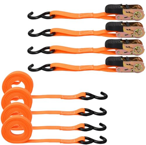 Pioleackflew 4 x 800 kg Cinghie di Fissaggio a Cricchetto - Cinghia Di Tensione con Gancio a S Rivestito,Lunghezza 5m, Larghezza 25 mm, Fasce a Cricchetto Per il Trasporto di Merci Stazionarie