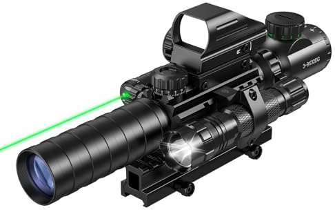 MidTen 3-9x32 5-in-1 Scope Combo with Dual Illuminated Rangefinder Reticle Scope, Laser Sight, Red Dot Sight, Flashlight with 20mm Mount, Green