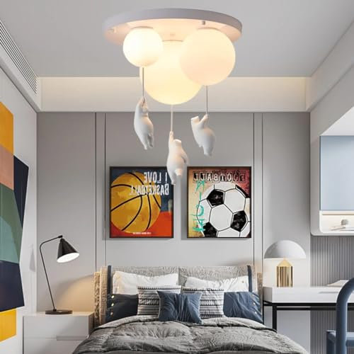 FWX Kronleuchter E27 Harz Bär Kinderzimmerlampe Moderne kreative Metalldeckenbeleuchtung Weißer Glasschirm Deckenlampe Schlafzimmer Wohnzimmer Bürolampe Babyzimmer Rund 3 Lichter