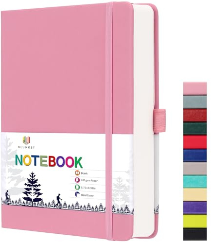 BLUMOST Blank Paper Notebook - 280 Pages A5 Blank Journal Notebook with 100gsm Thick Blank Paper, Hardcover, PU Leather, 5.75'' × 8.38''-Pink