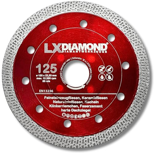 LXDIAMOND Diamant-Trennscheibe 125mm x 22,23mm - Diamantscheibe für Feinsteinzeugfliesen Fliesen Natursteinfliesen - Segmentbreite 1,4mm dünn - Premium Trennscheibe 125 mm für Winkelschleifer