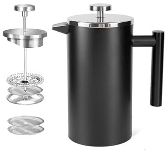 MaxMiuly Caffettiera da 4 tazze in acciaio inox French Press a doppia parete isolata (nero 600 ml