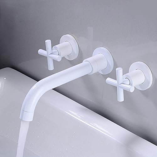 XJTNLB Wasserhahn Wand Bad Unterputz Waschtischarmatur aus Messing, Armatur Waschbecken Weiß,Kreuzgriff