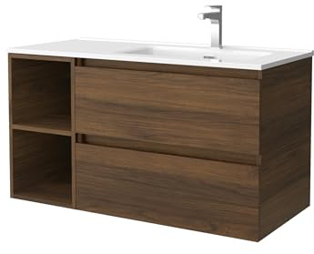 Salgar Mueble de Baño Bequia 90cm + Coqueta 2 Huecos Izquierda + Lavabo cerámica | Nogal |90x45x56