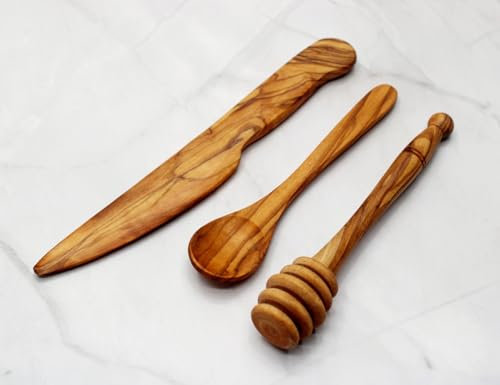 DAGDEG Lot de 3 sets de petit-déjeuner en bois d'olivier comprenant une cuillère à miel, une longueur d'environ 15 cm, un couteau à beurre de 20 cm de long et une cuillère à confiture. Longueur : env.