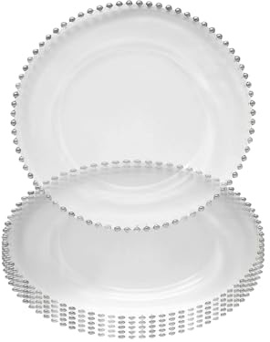 WedDecor Lot de 6 assiettes rondes transparentes en acrylique avec bord perlé argenté, pour présentation de centre de table, pour mariages, événements, banquets et décorations de table de Noël