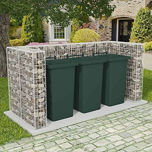 qohoio Gabion Triple Wheelie Bin Surround Steel 250x100x120 cm,Garden Wheelie Bin Hideaway Waste Bin,Storage Shed w/Locking Doors Assisted lift up Lid easy use Outdoor Hygienic Dustbin Unit Cover Stee