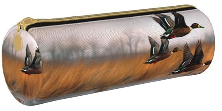 KCGSDEGV Federmäppchen, Motiv: Jagd, fliegende wilde Ente, 3 bedruckte runde Federmappe, niedliches Leder-Federmäppchen, Stiftetasche, Halter, Schreibwaren-Organizer, Box für Schule, Mädchen, Jungen,