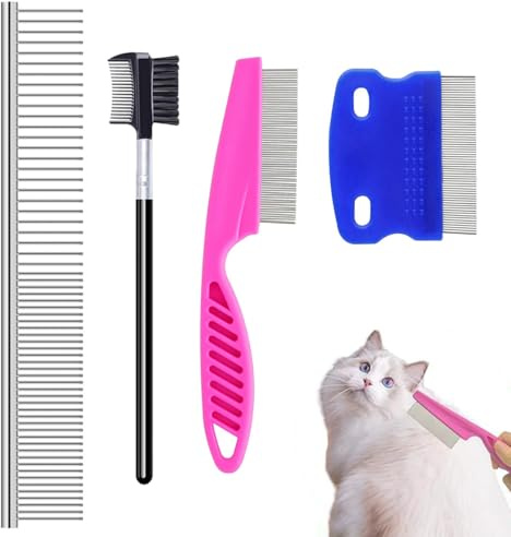 SYEYCW 4 Stück Flohkamm für Katzen, Pflegekamm-Kit, Edelstahl Floh-Läusekamm, Flohkamm Für Katzen und Hunde, zum Entfernen von Verwicklungen und Knoten, Effektiv Gegen Flöhe und Läuse