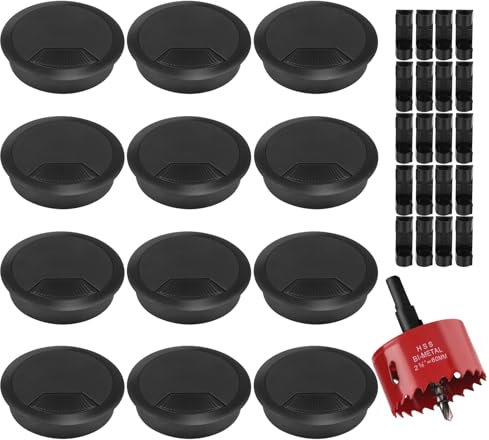 GHVACZS 12 Stück Kabeldurchführung Schreibtisch, Rund 60mm Kabeldurchlass, Kunststoff Kabeldurchführung Tisch, Kabelauslassdose mit 1 Lochsäge und 20 Halteklammer für Schreibtische