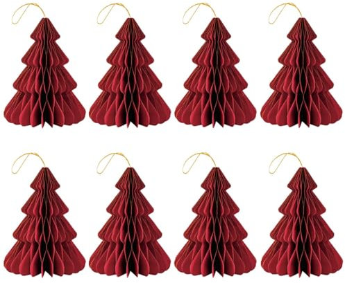 Weihnachtsbaum Anhänger 8er Set aus Papier Tannenbaum- Scandi Faltbare Hängedeko in Rot Magnet & Goldkante - Moderne Weihnachtsdeko Ø 9,5 x 12 cm für Wohnzimmer, Fenster & Weihnachtsbaumschmuck