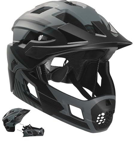 Crazy Safety Grauer Fullface Helm | Für BMX, MTB, Roller | Kinderhelm 2-in-1 mit abnehmbarem Kinnschutz | Motocross Fahrradhelm Größe M 54-57 cm | Leicht und langlebig