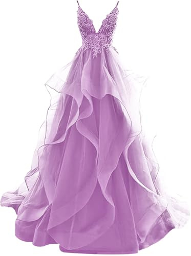 HUINI Ballkleider Lang Rüsche Abendkleid Rückenfrei Hochzeitskleider Standesamt Damen Tüll Abschlussballkleid Prinzessin Flieder 38