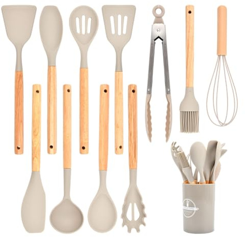 Küchenhelfer Set, Silikon Küchenutensilien Set, Antihaft Hitzebeständiger Holzgriff Kochbesteck mit Utensilienhalter, Spachtel Set, Kochlöffel,12-teilig(Khaki)