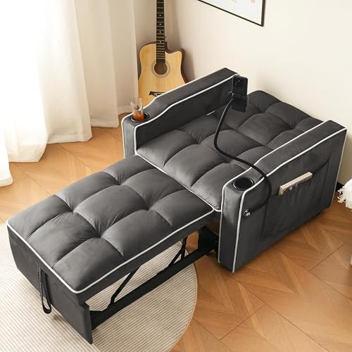 83cm 3 in 1 Schlafsessel Liegestuhl Schlafsofa Verstellbarer Sessel Ausziehbares Gästebett Einzelsessel Sofa mit Getränkehaltern Handyhalter Seitentasche Rückenlehne Samtgepolsterter Antik Dunkelgrau