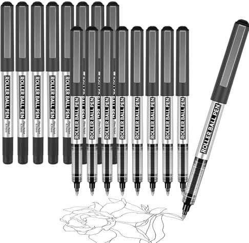 Tintenroller Stifte, 16 Stück Kugelschreiber Gelstifte Schwarz, 0,7mm Rollerball Stift, schnelltrocknend, Gelstifte set für Schule, Büro, Journaling, Schüler & Erwachsene