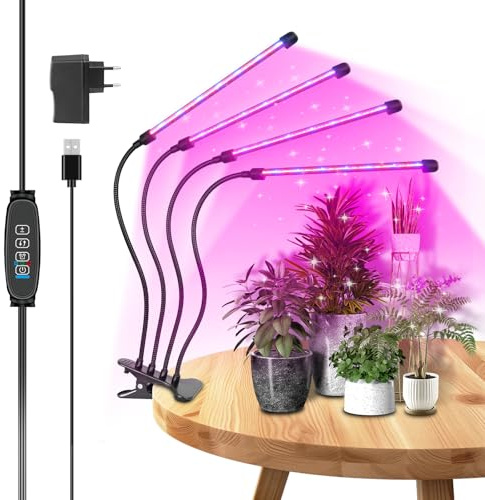 Willpower Lampada LED per Piante da Interno Con Clip, 4-Teste 80 Leds 460nm-470nm 620nm-630nm, Lampade Coltivazione con Timer 3/9/12H, 10 Livelli di Luminosità, per Serra Idroponica da Casa