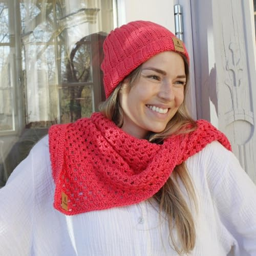 myboshi Häkelset Mütze Kanuma Bamboo, für Anfänger, inkl. Bambusgarn, Häkelnadel, Wollnadeln, Anleitung, Label, 60% Viskose, 40% Baumwolle, Rot (Himbeer) mit Häkelnadel