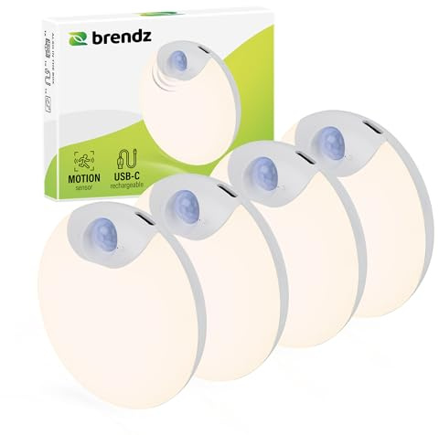 Brendz Luz Nocturna Redonda, Luz LED con Sensor de Movimiento, Recargable por USB-C, Magnética, 4 piezas, Blanco Cálido 3000K, Regulable, Lampada Armario inalámbrico, Luz de Noche