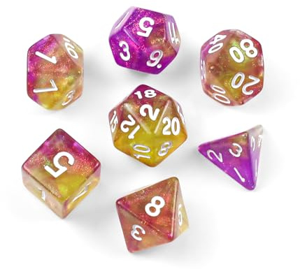 Juego de 7 dados poliédricos, dados transparentes con purpurina para mazmorras y dragones RPG MTG DND juego de cartas de mesa (decoloración amarilla morada)