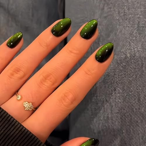SXVME Soft Gel Press on Nails Extra Short Oval, 30 Pcs Neon Green Cat Eye False Nails Short Almond, Sparkly Glitter Black Fake Nails Set, Reusable Small Bling Stick on Nail for Women Christmas Holiday