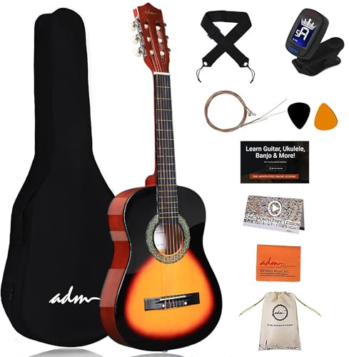 ADM 3/4-Größe Kinder-Konzertgitarren-Set, Junior-Gitarren-Set für Anfänger ab 9 Jahren, mit Tasche, Clip-Stimmgerät, Gurt, Plektren, zusätzlichen Saiten, Aufbewahrungstasche und Reinigungstuch (Peachy