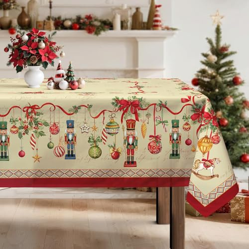 Arquiel Casse-Noisette Nappe De NoëL, Nappe De Table Hiver Rouge Vintage Rectangulaire Antitache Imperméable Lavable pour Cuisine FêTe De NoëL Vacances DéCoration D'IntéRieur(152x264cm)
