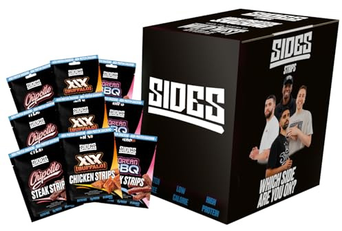 Sides - Variety Case - Chipotle, Korean BBQ Beef Steak and XIX Buffalo Chicken Strips - High Protein Jerky Meat Snack - Box of 9 x 35 g Packs