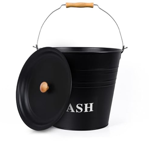 Flatro Ash Bucket with Lid for Fireplaces | (Pack of 1) 12L Metal Bucket for Hot Ashes (with Wooden Handle) | Does the Job Well for Coal, Wood, Ashes, Kindling & More