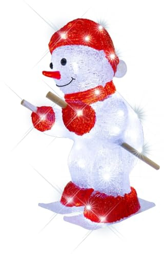 LEALIGHT blachere illumination Bonhomme de Neige Lumineux Skieur – Blanc Pur, Acrylique IP44, Flash Animé – Personnage de Noël 33 cm avec Bonnet & Écharpe Rouges
