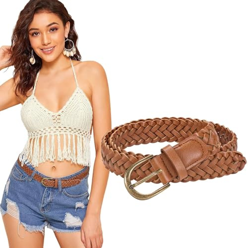 JASGOOD Women's Braided Belt Skinny Casual PU Leather Woven Belt for Jeans Pants