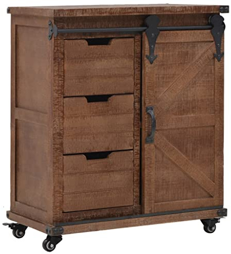 KTHLBRH Armoire de rangement en bois massif de sapin avec roulettes, meuble bas vintage et buffet industriel avec porte coulissante pour organisation de la maison