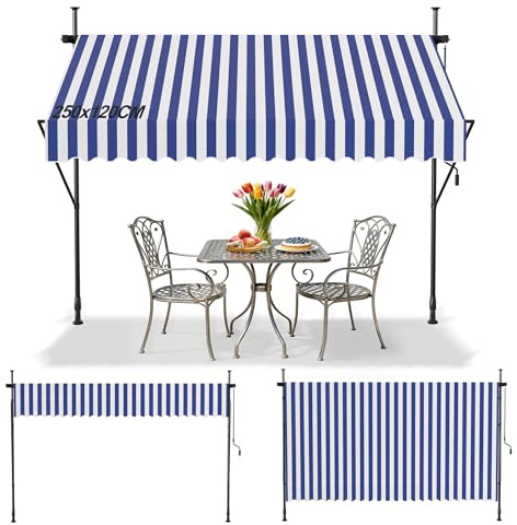 Suusolny Klemmmarkise ohne Bohren mit Handkurbel Balkonmarkise UV-Schutz Markise höhenverstellbar Sonnenschutz wasserabweisend für Balkon Terrasse Garten - BlauWeiß Gestreifter - 250x120cm